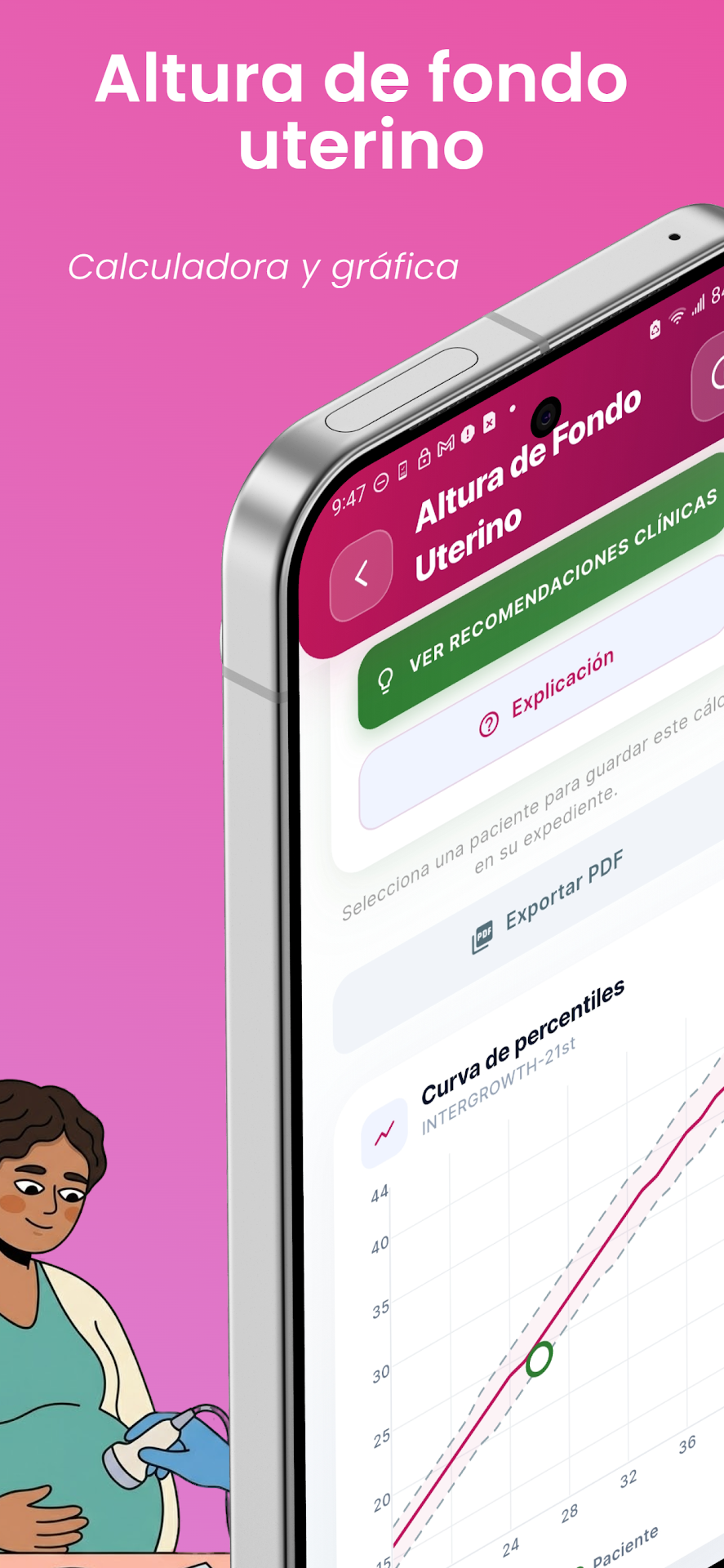 Calculadora de altura uterina con curva de percentiles en Obstetrum