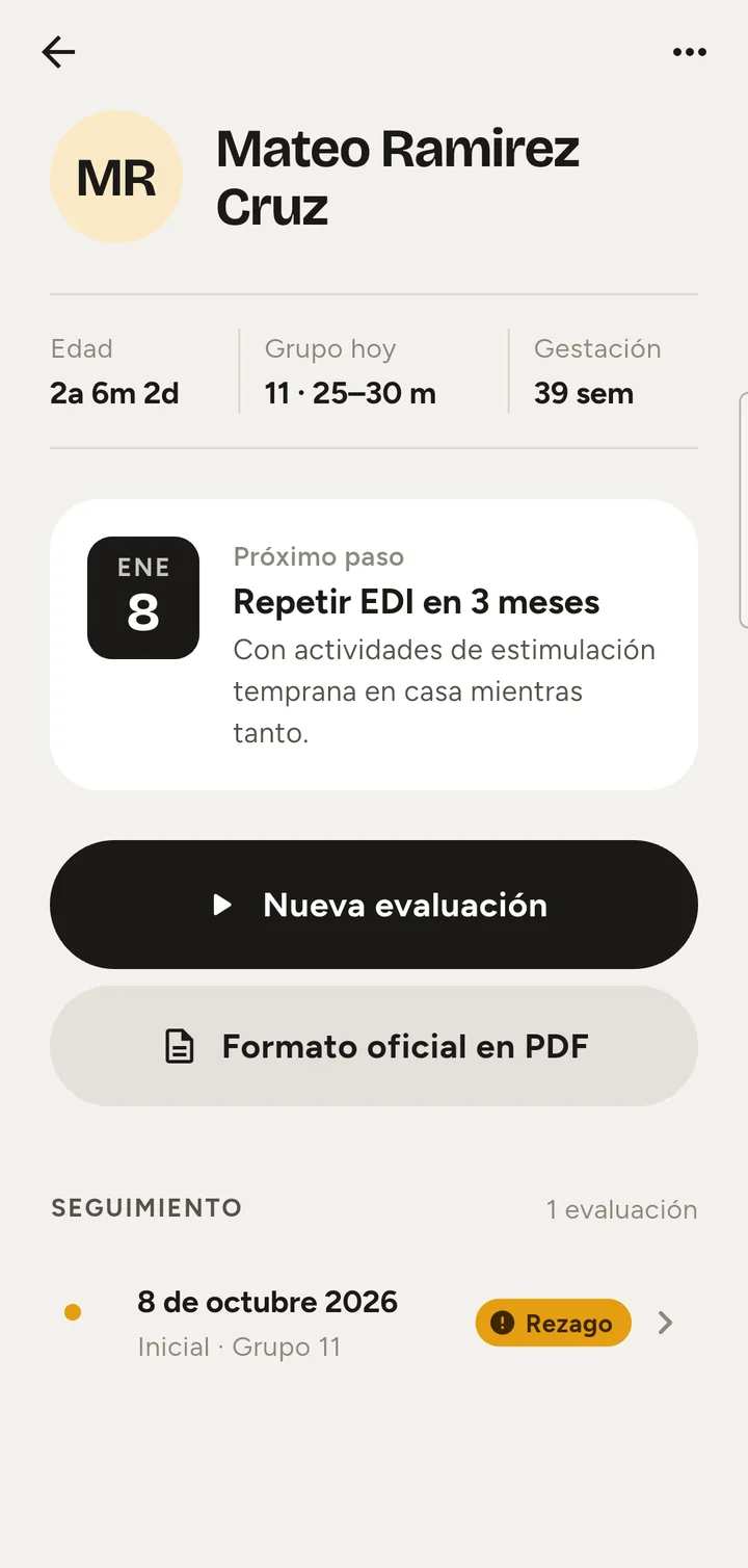 Expediente de un paciente de ejemplo en Prueba EDI con el próximo paso sugerido