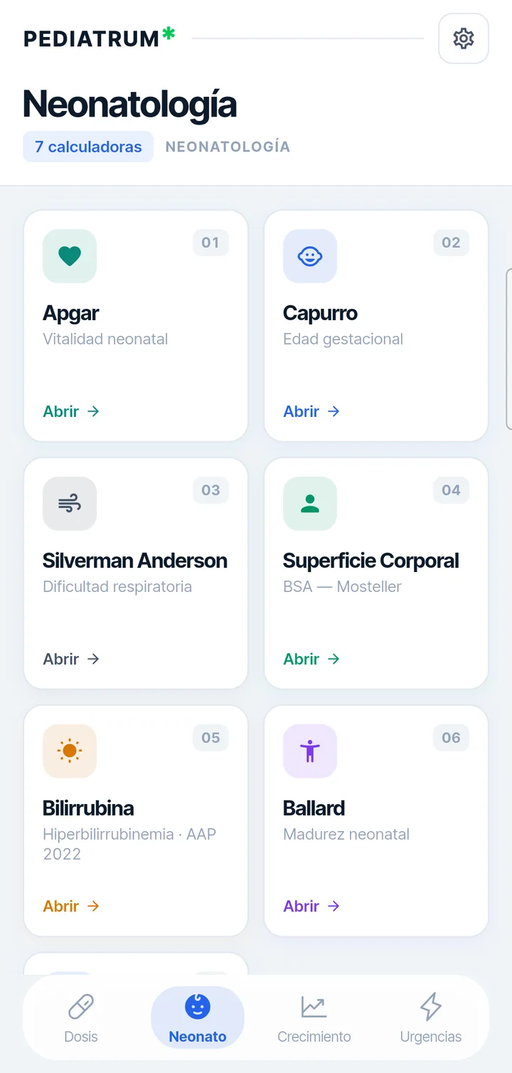 Calculadoras de neonatología de Pediatrum: Apgar, Capurro, Silverman, bilirrubina y Ballard